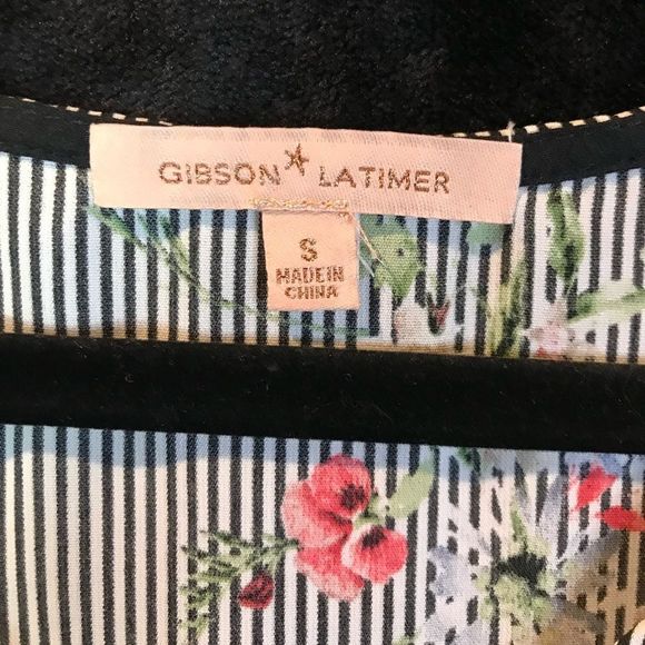 Gibson Latimer White and Black striped Blouse, floral print, Balloon Sleeves - Picture 5 of 5